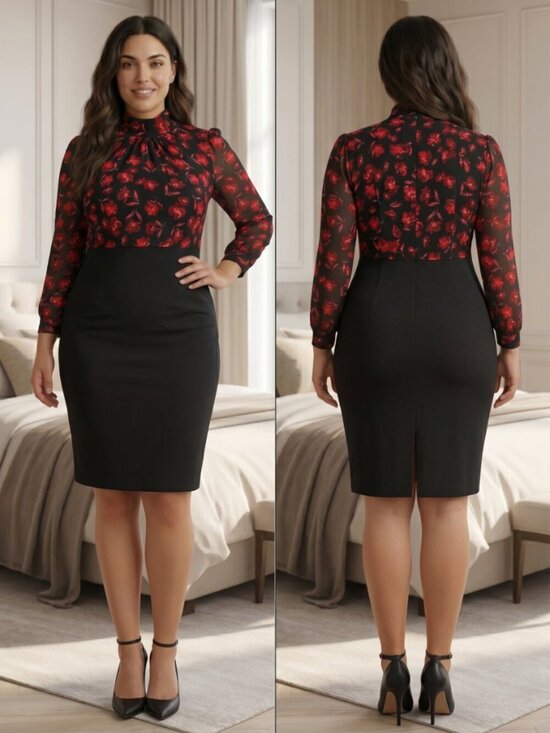 Badgley Mischka Dresses & Skirts - Badgley Mischka Black Red Floral High Neck Sheath Dress $495
